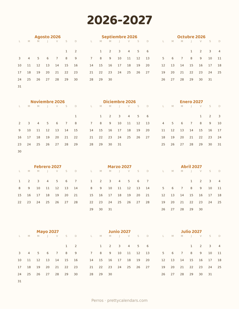 Calendario escolar 2026-2027 para imprimir, estilo Perros