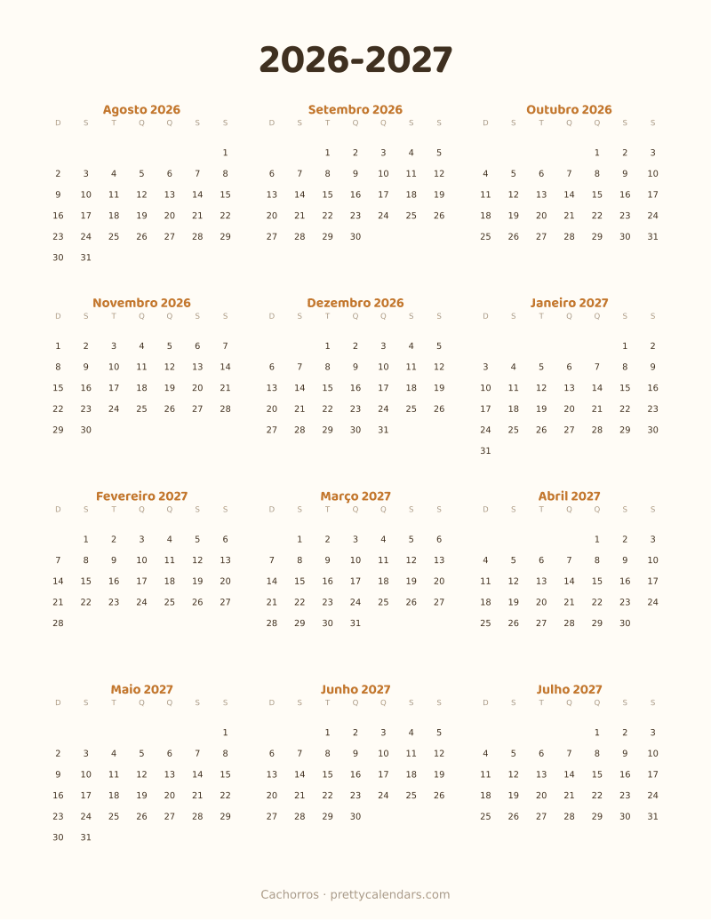 Calendário escolar 2026-2027 para imprimir, estilo Cachorros