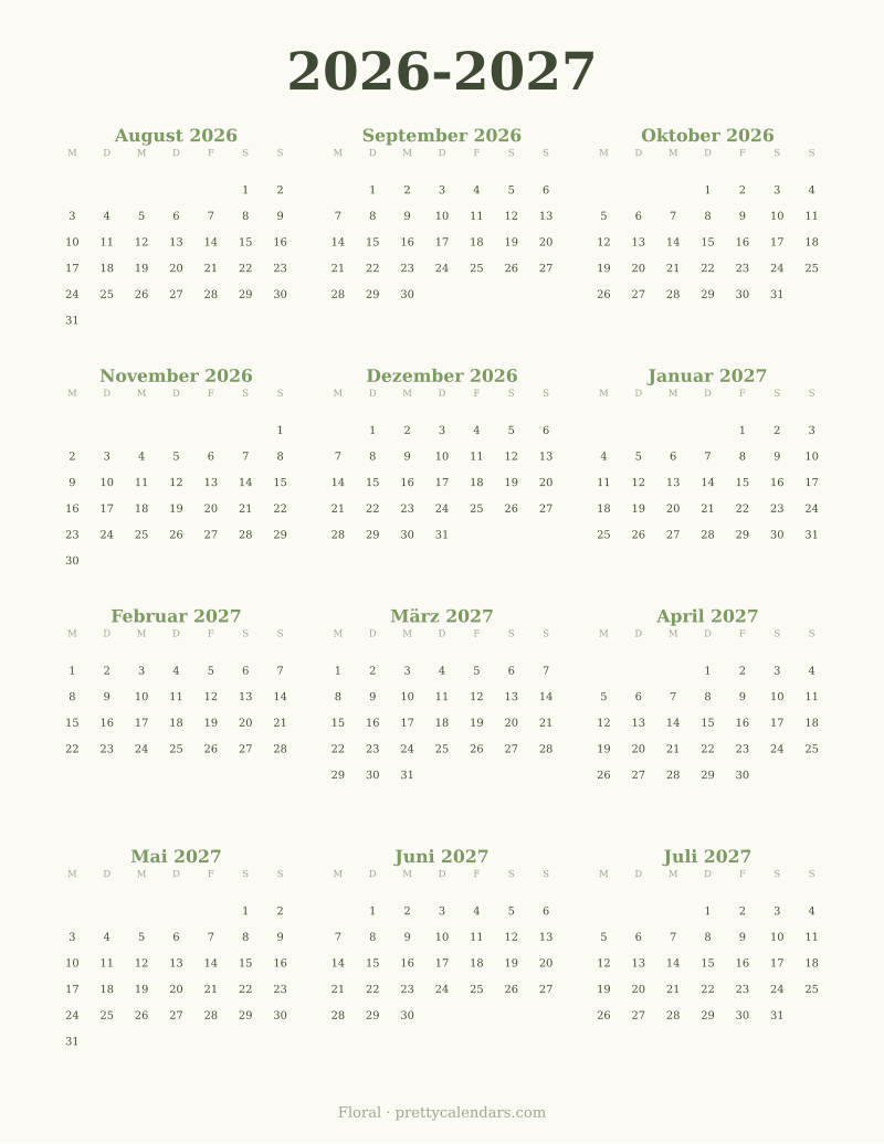 Druckbarer Schuljahreskalender 2026-2027, Design Floral