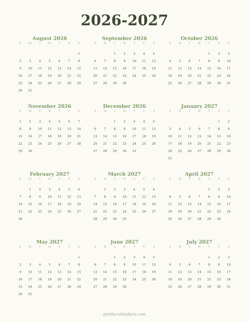 2026-2027 school year printable calendar, Floral style
