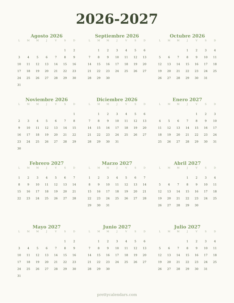 Calendario escolar 2026-2027 para imprimir, estilo Floral