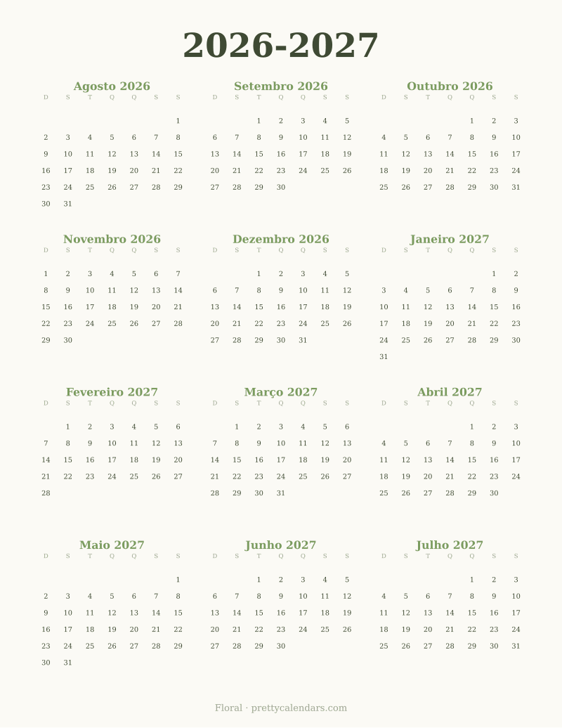 Calendário escolar 2026-2027 para imprimir, estilo Floral