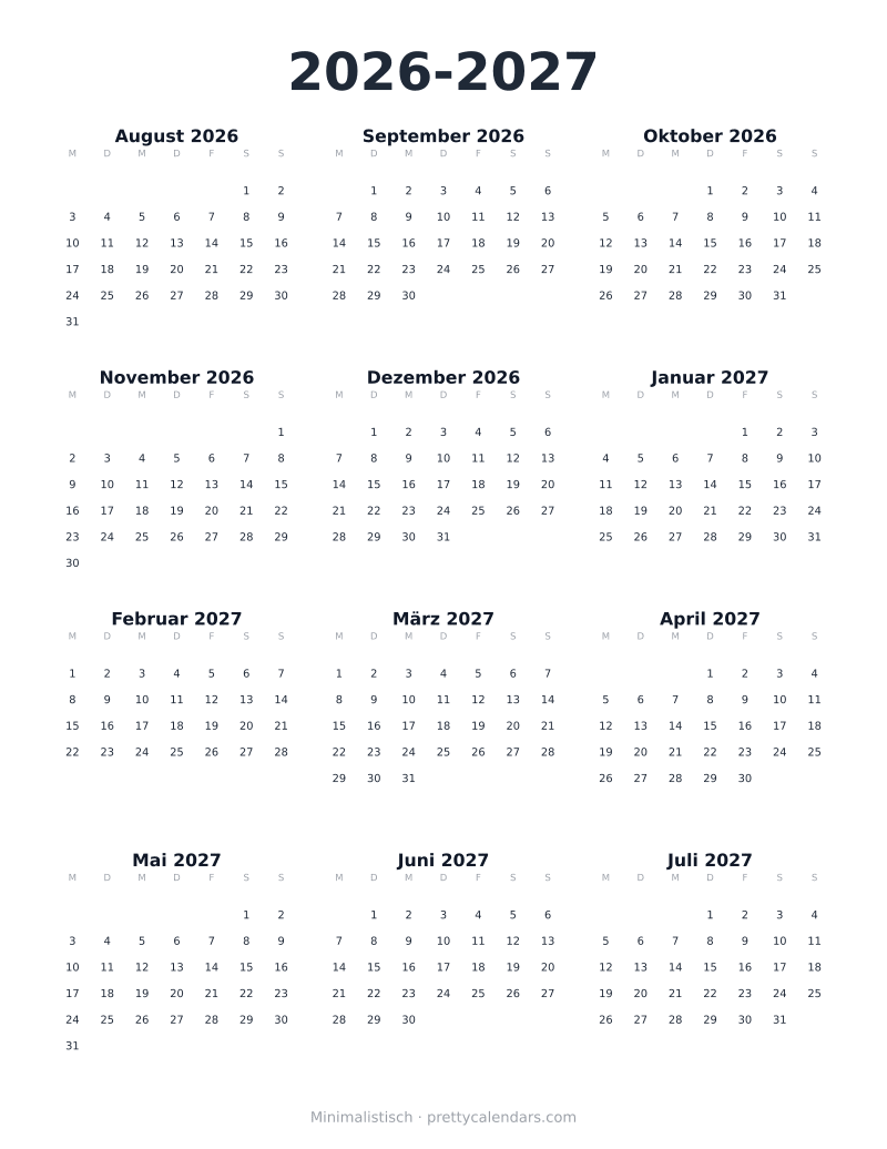 Druckbarer Schuljahreskalender 2026-2027, Design Minimalistisch