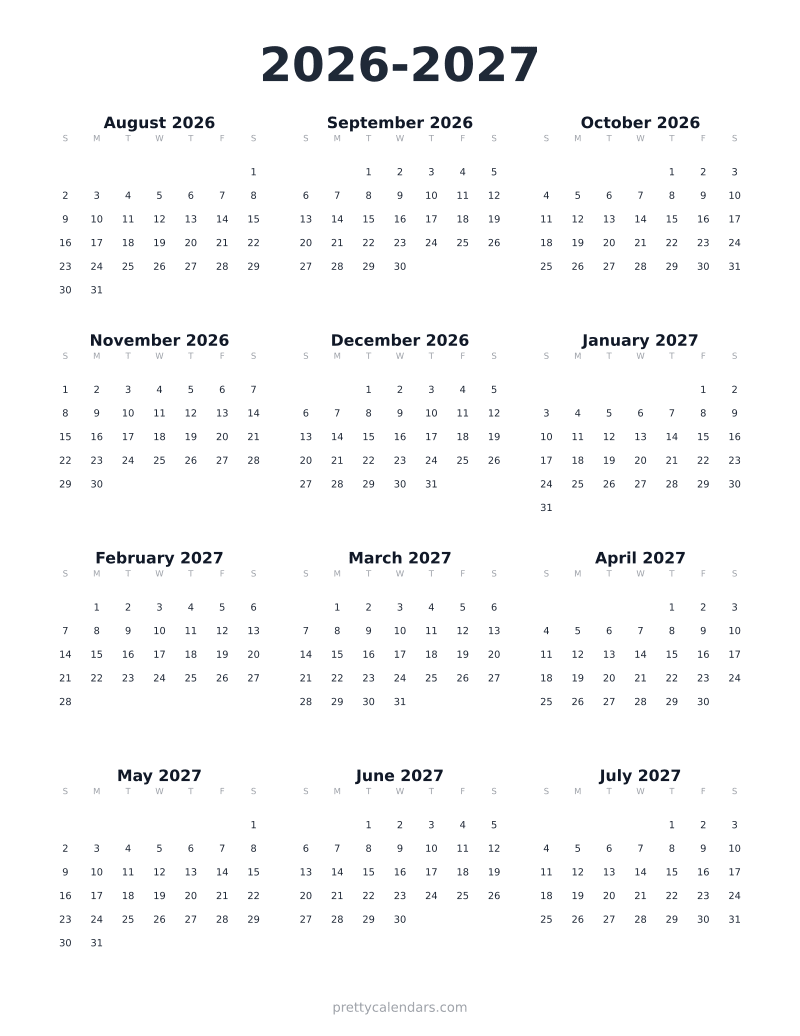 2026-2027 school year printable calendar, Minimalist style