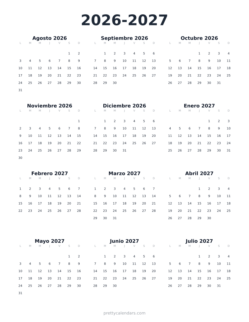 Calendario escolar 2026-2027 para imprimir, estilo Minimalista