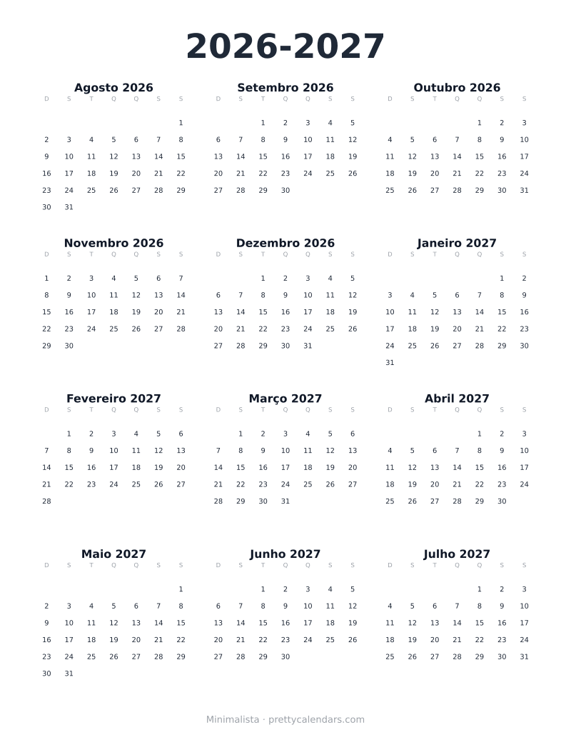 Calendário escolar 2026-2027 para imprimir, estilo Minimalista
