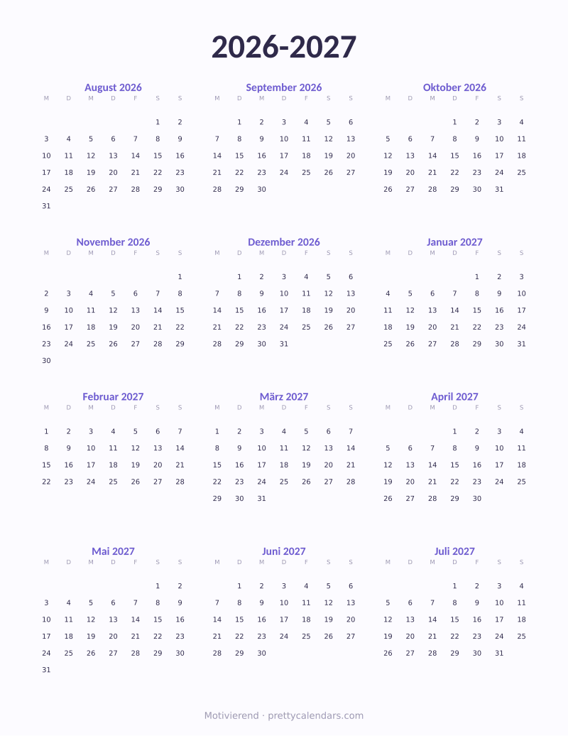 Druckbarer Schuljahreskalender 2026-2027, Design Motivierend