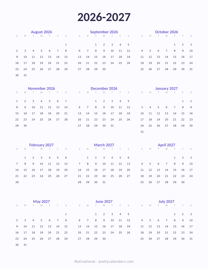2026-2027 school year printable calendar, Motivational style