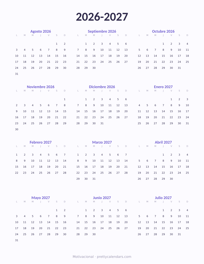Calendario escolar 2026-2027 para imprimir, estilo Motivacional