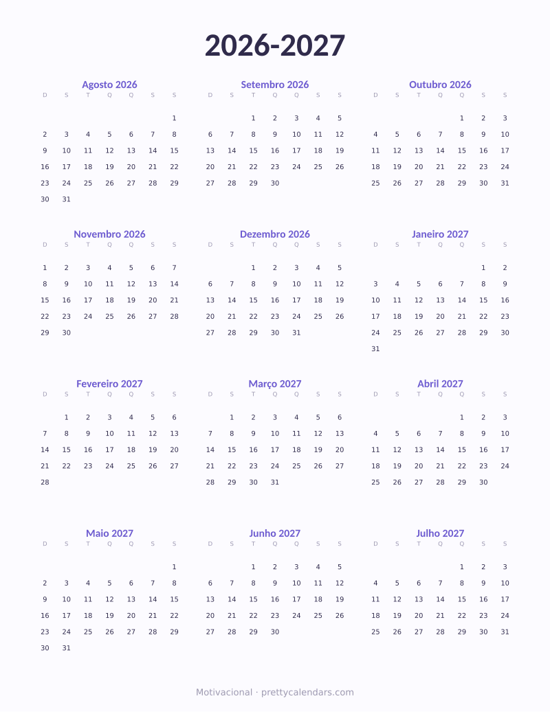 Calendário escolar 2026-2027 para imprimir, estilo Motivacional