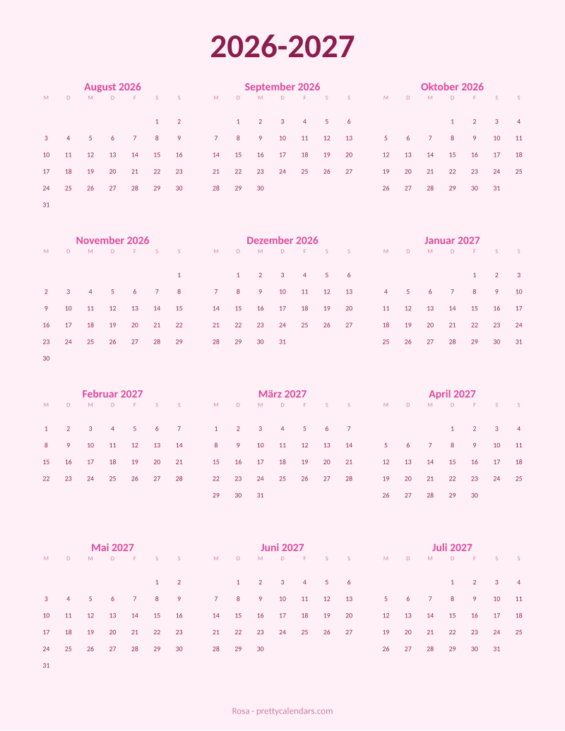 Druckbarer Schuljahreskalender 2026-2027, Design Rosa