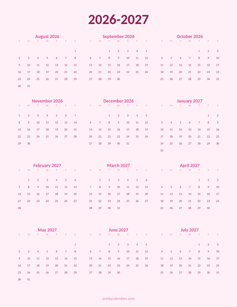 2026-2027 school year printable calendar, Pink style
