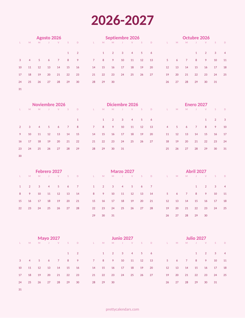 Calendario escolar 2026-2027 para imprimir, estilo Rosa