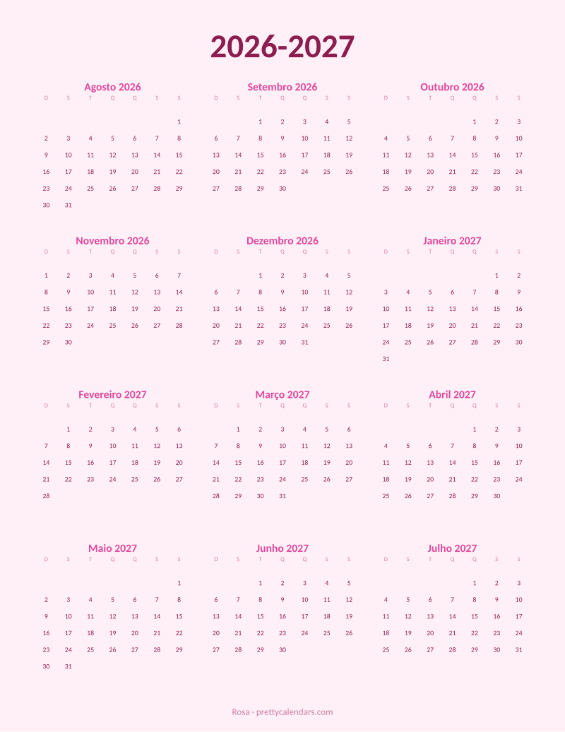 Calendário escolar 2026-2027 para imprimir, estilo Rosa