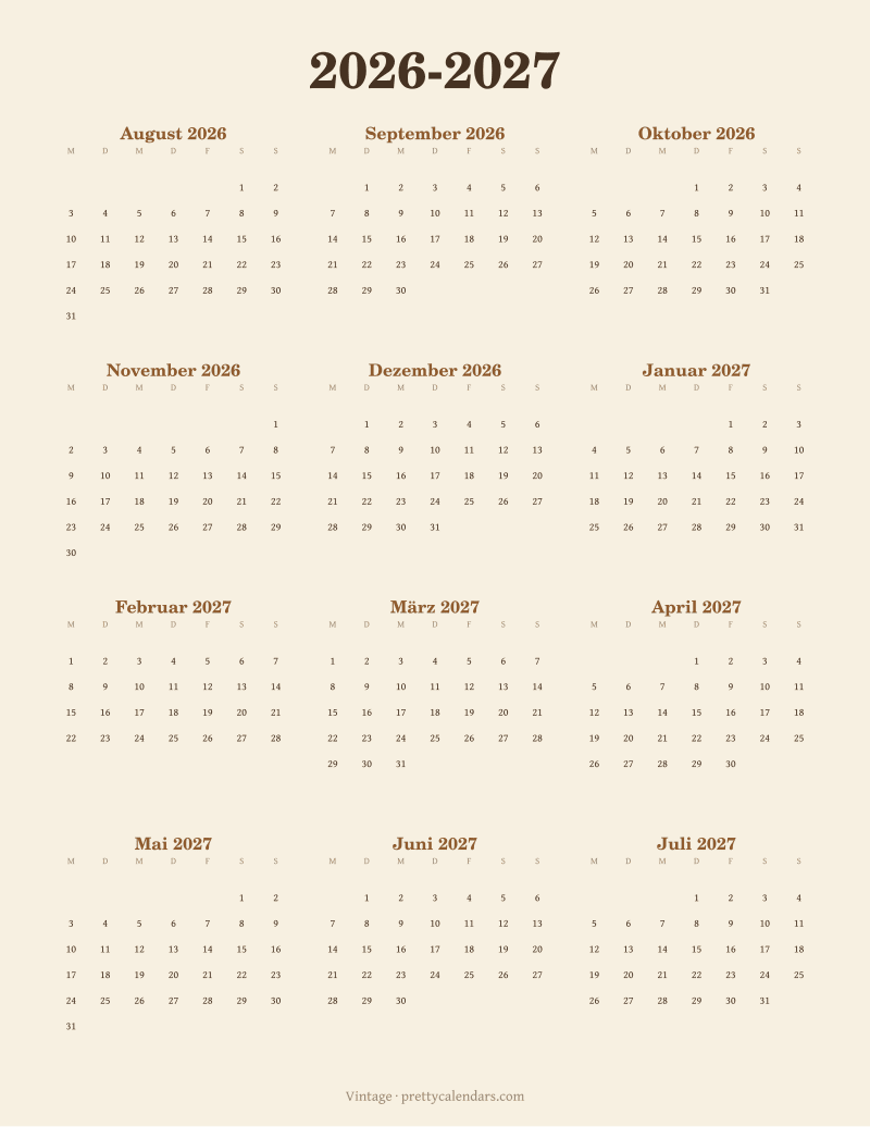Druckbarer Monatskalender mit Schuljahresübersicht, Design Vintage