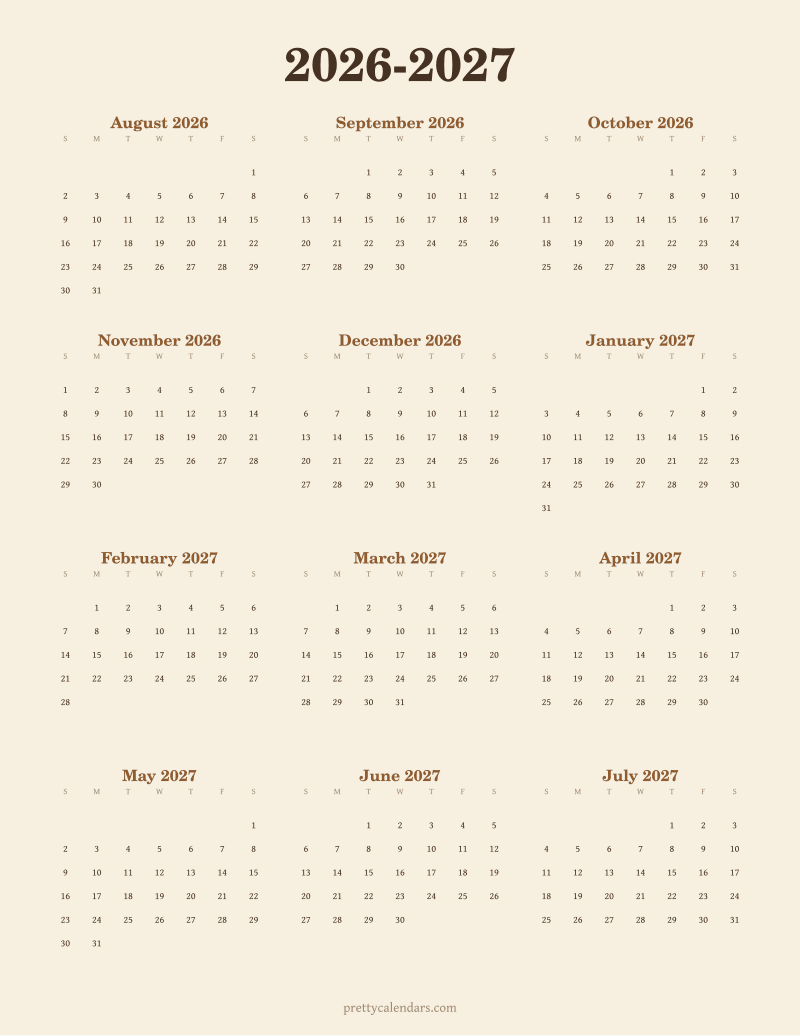 2026-2027 school year printable calendar, Vintage style