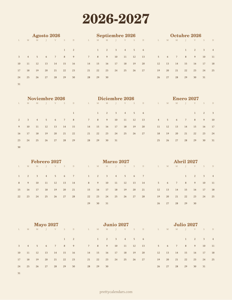 Calendario escolar 2026-2027 para imprimir, estilo Vintage