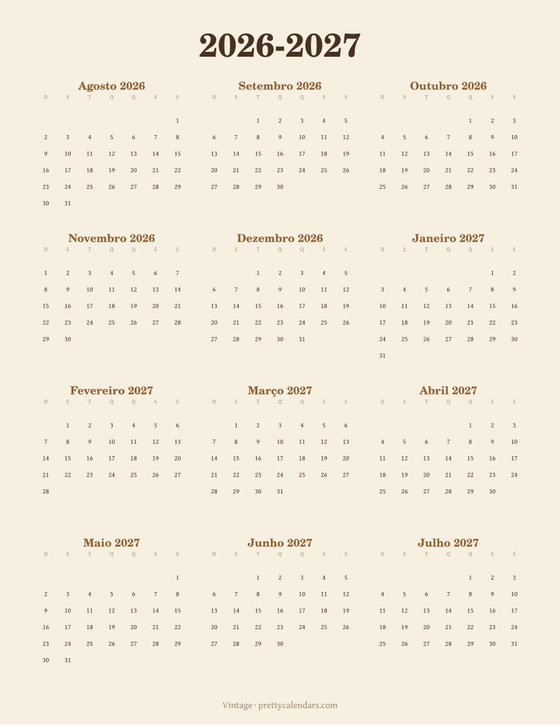 Calendário mensal para imprimir com ano letivo, estilo Vintage