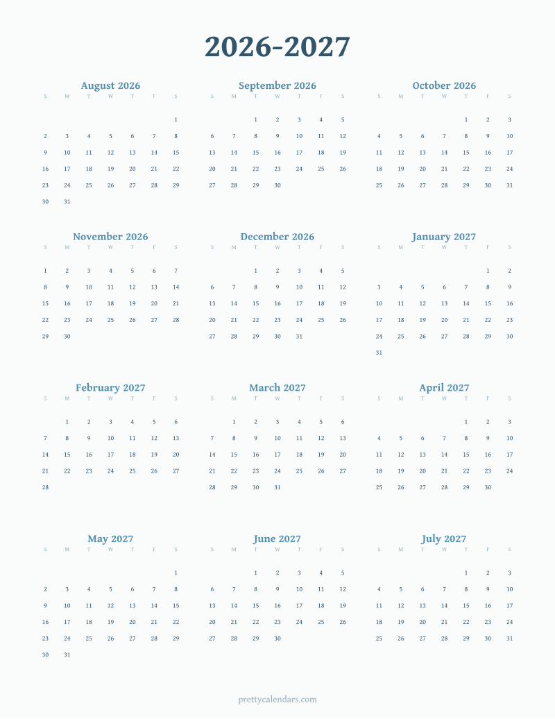 2026-2027 school year printable calendar, Watercolor style