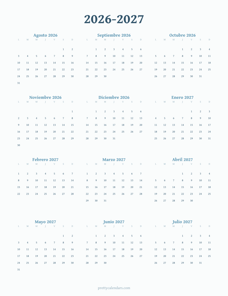 Calendario escolar 2026-2027 para imprimir, estilo Acuarela