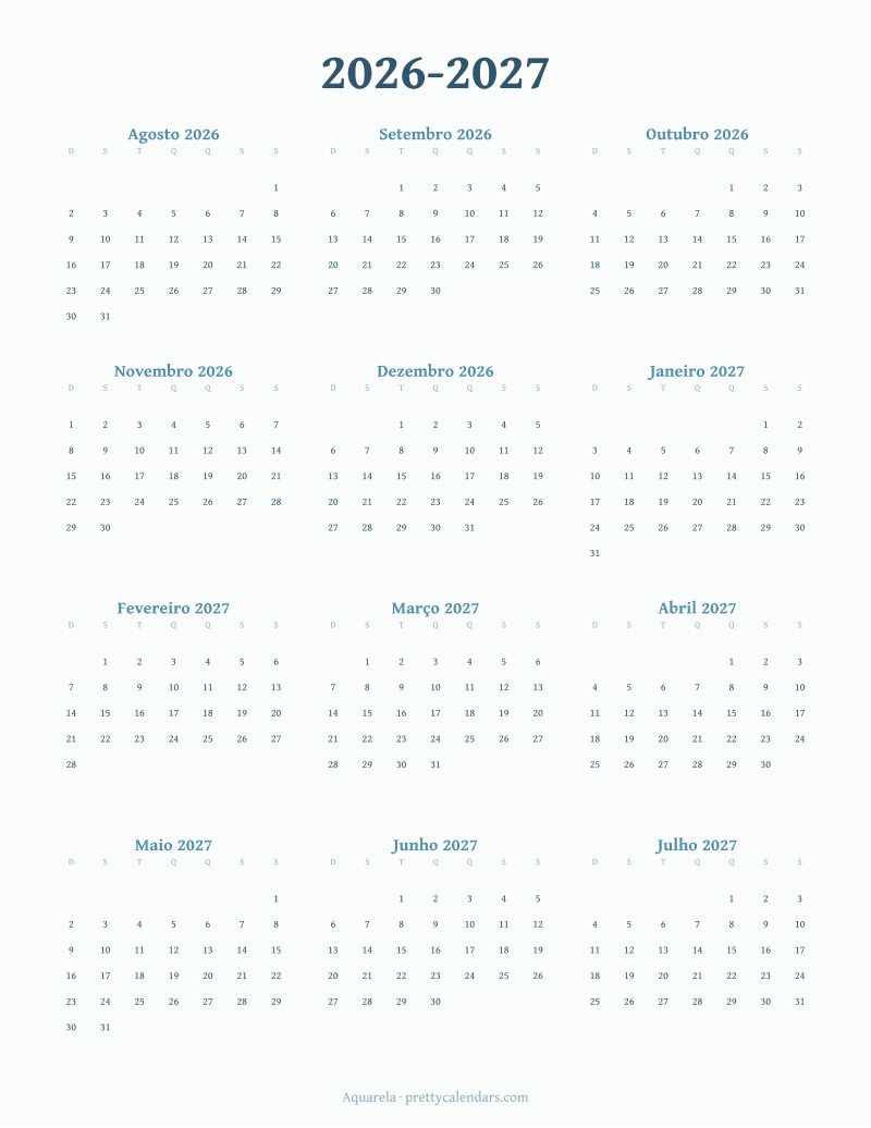 Calendário escolar 2026-2027 para imprimir, estilo Aquarela