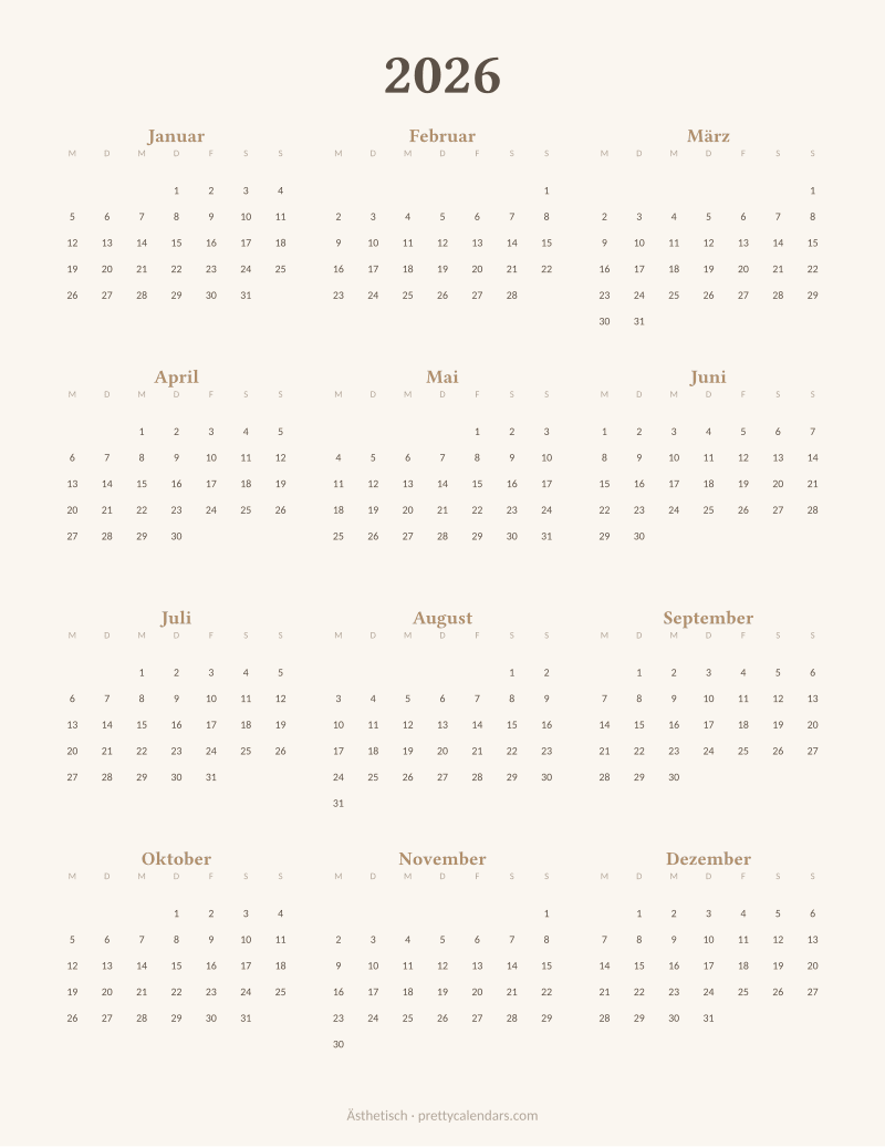 Druckbarer Jahreskalender 2026, Design Ästhetisch