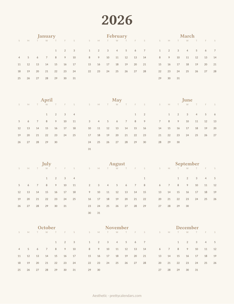 2026 full year printable calendar, Aesthetic style