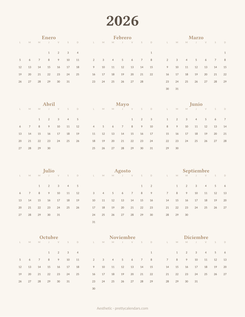 Calendario anual 2026 para imprimir, estilo Aesthetic
