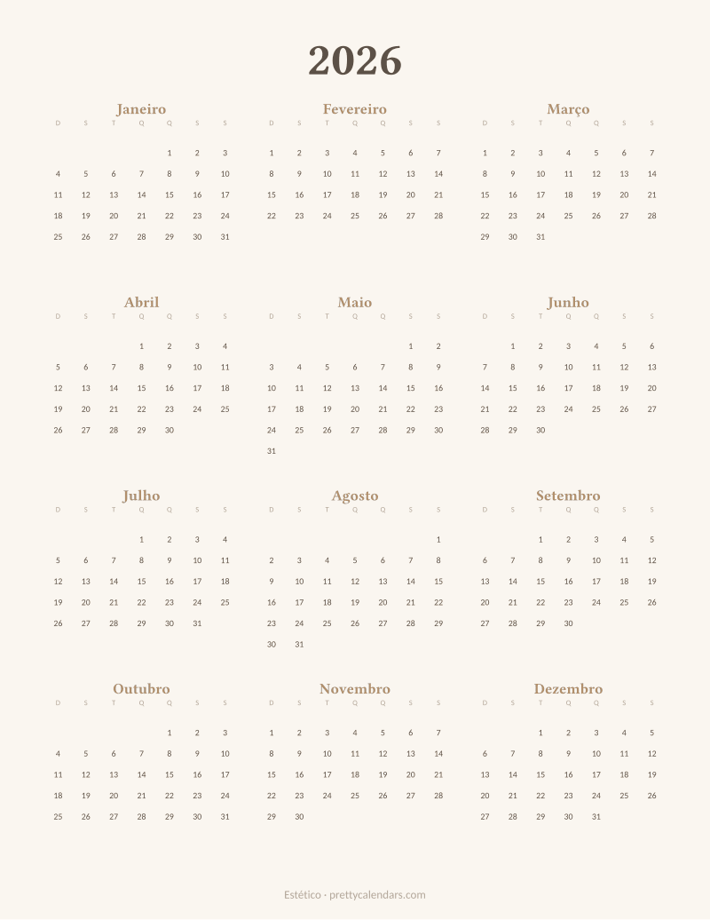 Calendário anual de 2026 para imprimir, estilo Estético