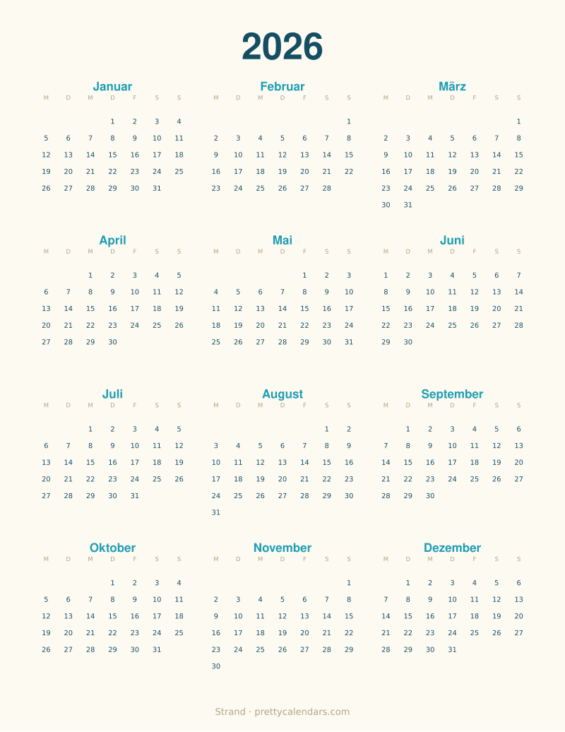 Druckbarer Jahreskalender 2026, Design Strand