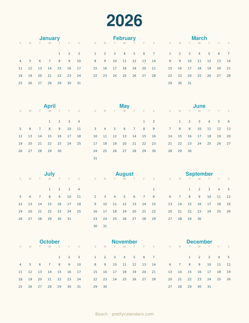 2026 full year printable calendar, Beach style