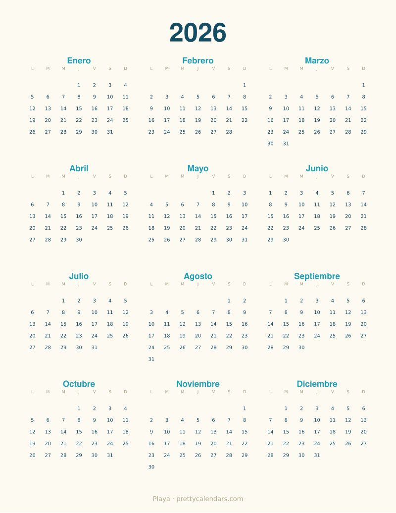 Calendario anual 2026 para imprimir, estilo Playa