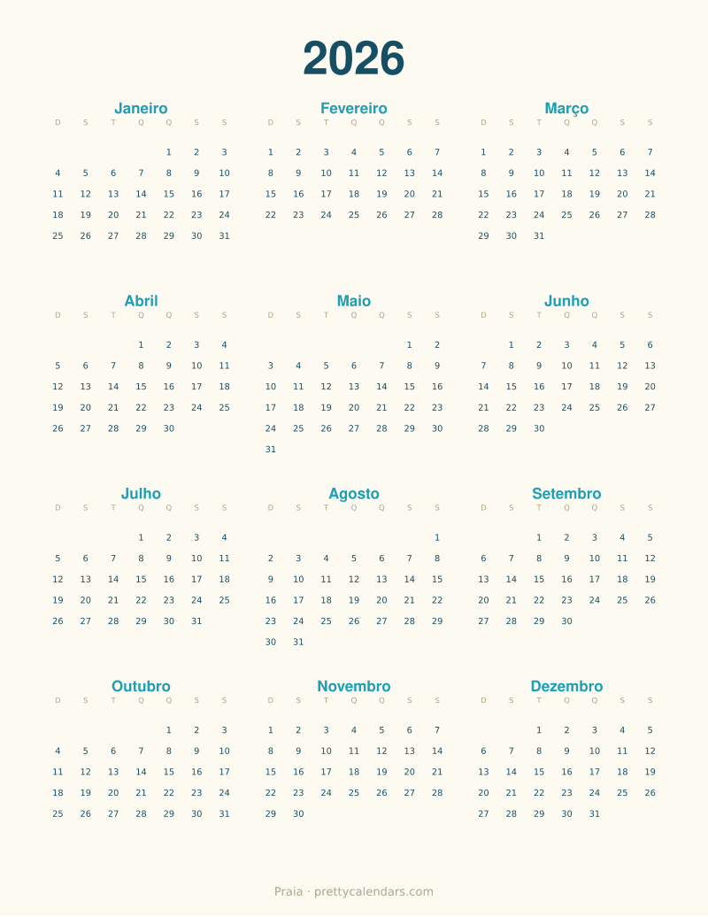 Calendário anual de 2026 para imprimir, estilo Praia