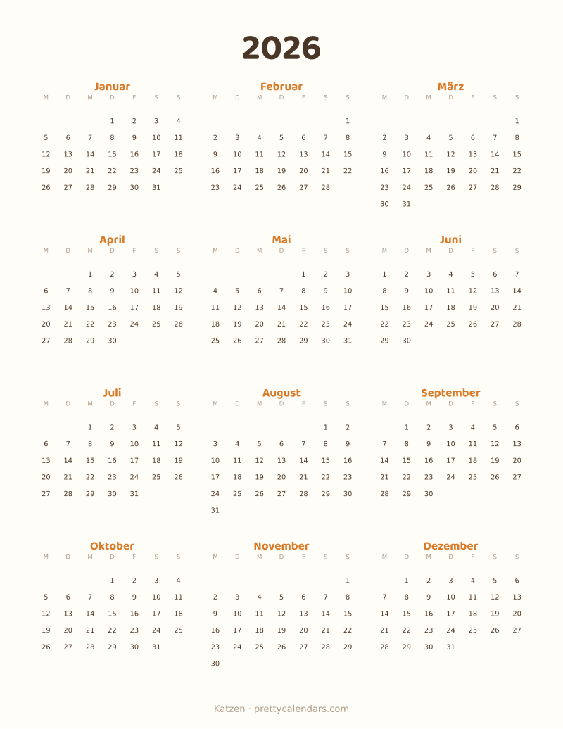 Druckbarer Jahreskalender 2026, Design Katzen