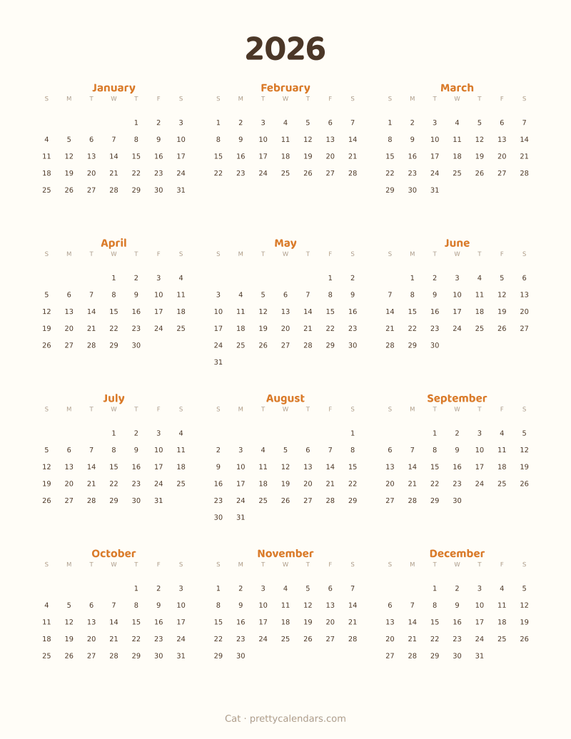 2026 full year printable calendar, Cat style