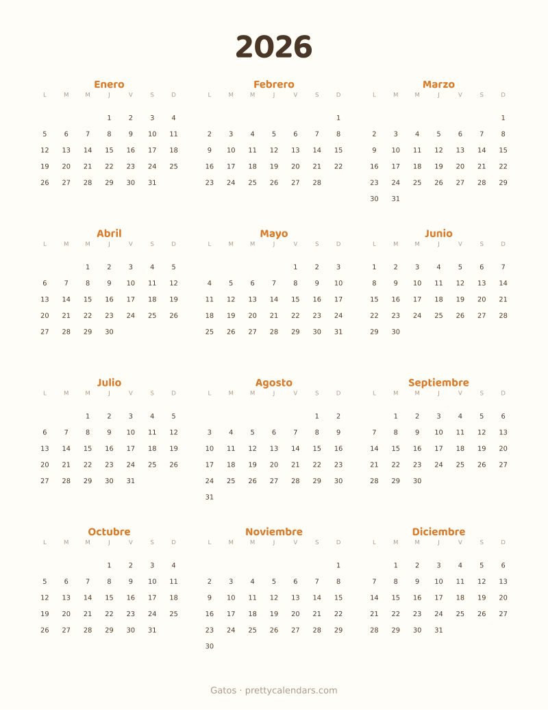 Calendario anual 2026 para imprimir, estilo Gatos
