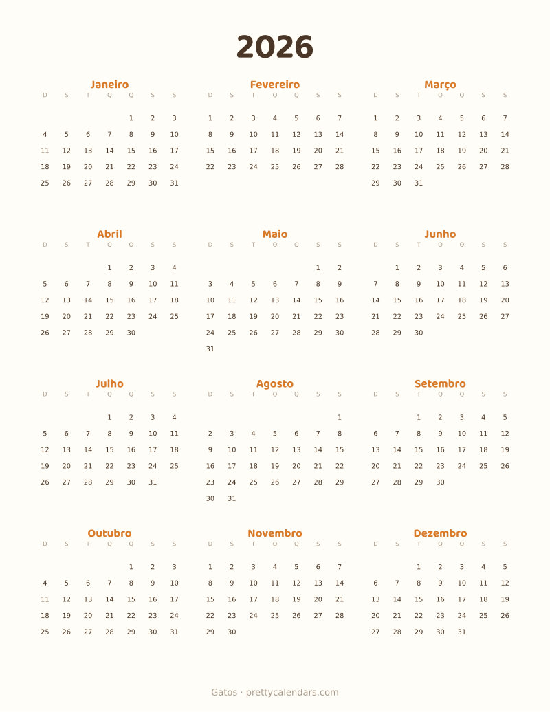 Calendário anual de 2026 para imprimir, estilo Gatos