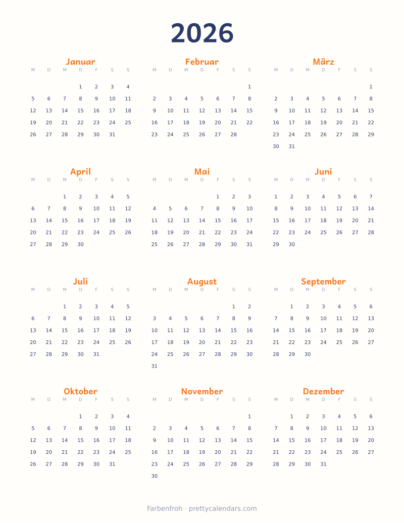 Druckbarer Jahreskalender 2026, Design Farbenfroh