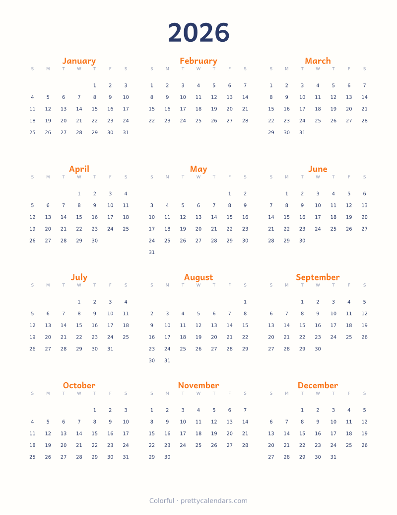 2026 full year printable calendar, Colorful style