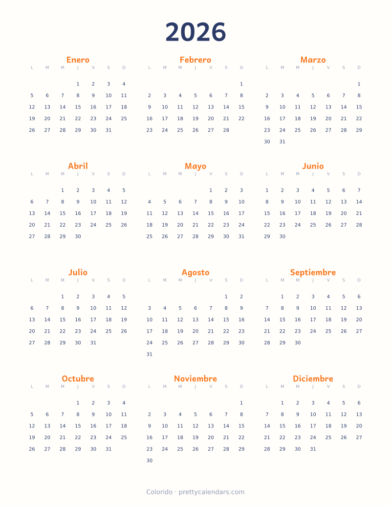 Calendario anual 2026 para imprimir, estilo Colorido