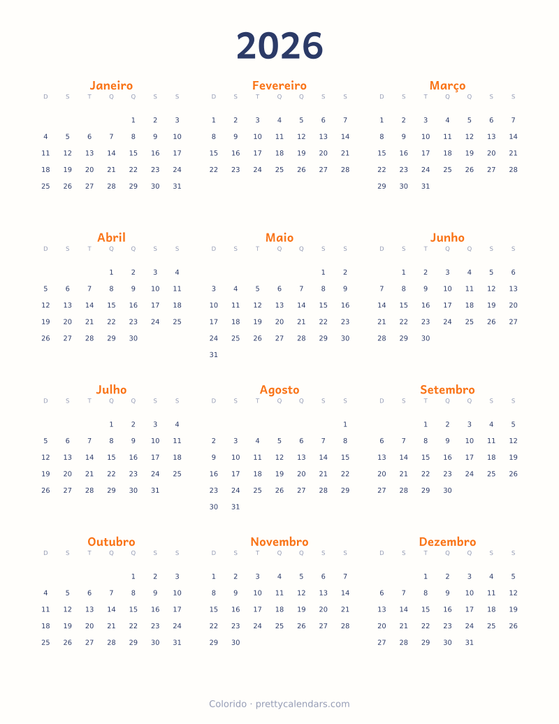 Calendário anual de 2026 para imprimir, estilo Colorido