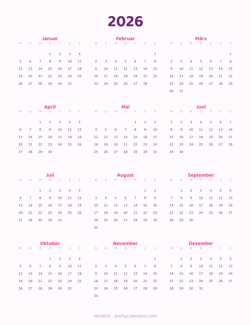 Druckbarer Jahreskalender 2026, Design Niedlich