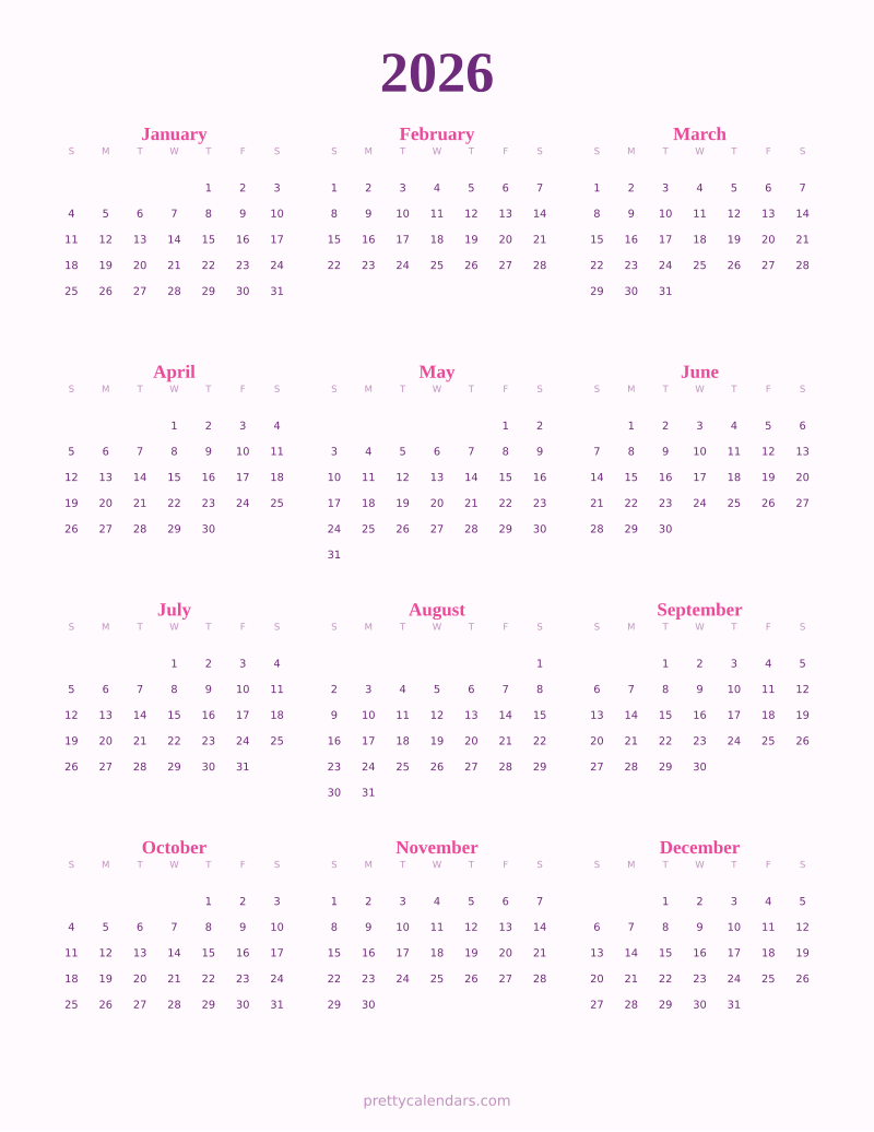 2026 full year printable calendar, Cute style