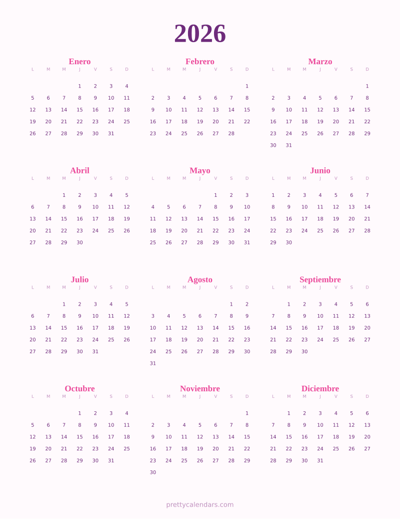 Calendario anual 2026 para imprimir, estilo Bonito