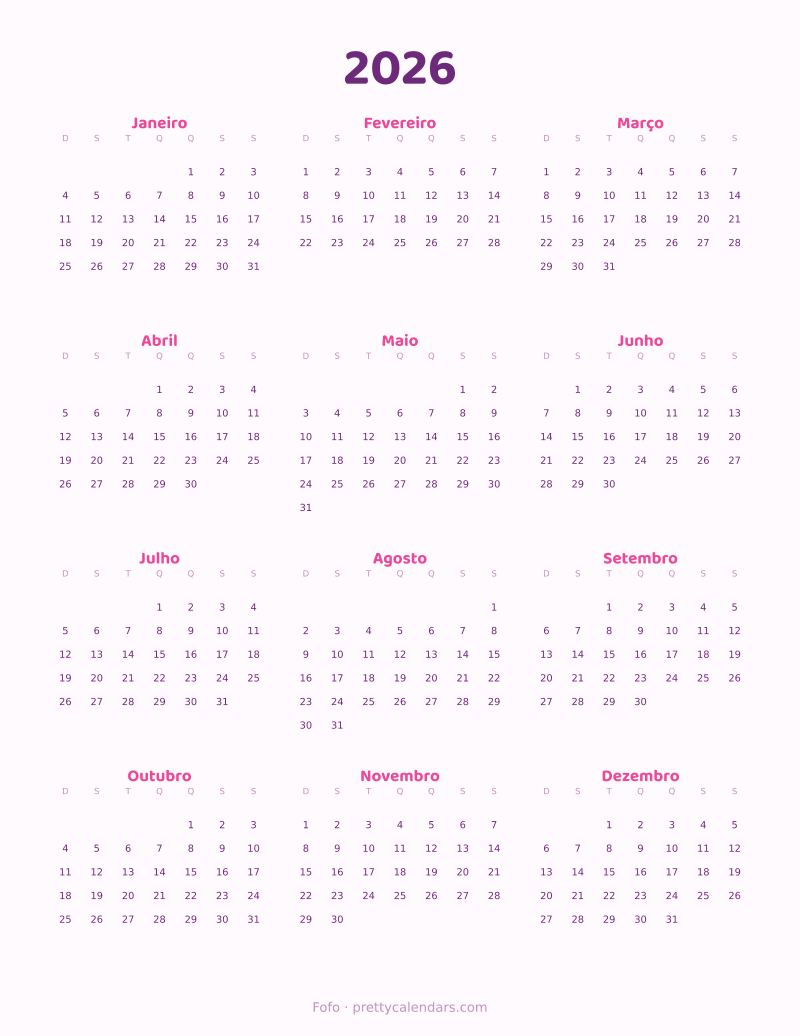 Calendário anual de 2026 para imprimir, estilo Fofo