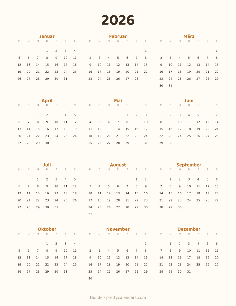 Druckbarer Jahreskalender 2026, Design Hunde