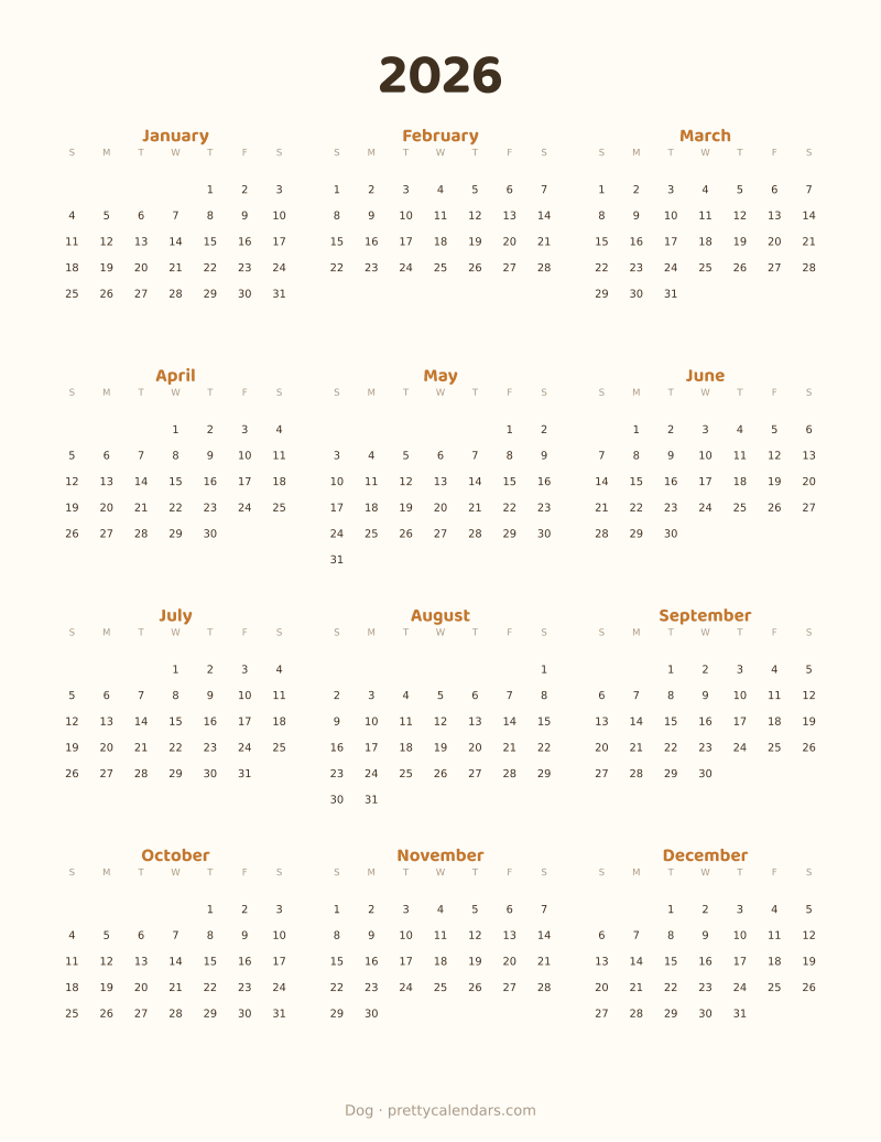 2026 full year printable calendar, Dog style
