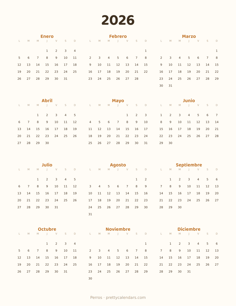 Calendario anual 2026 para imprimir, estilo Perros