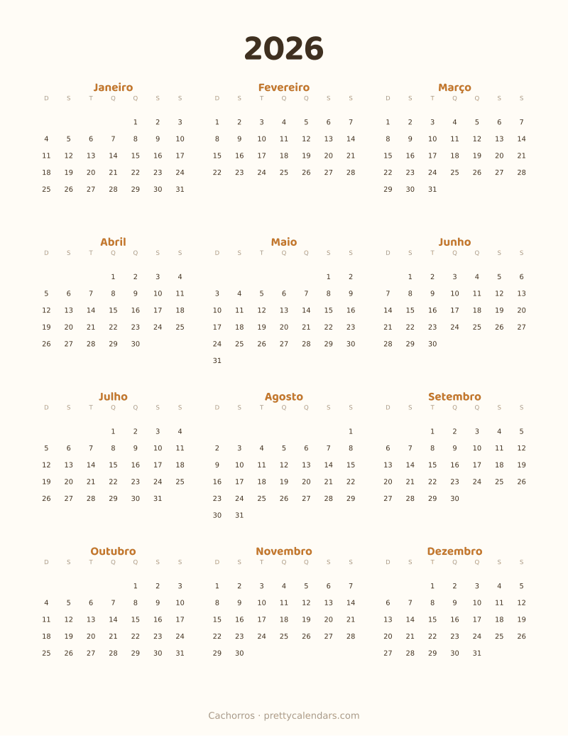 Calendário anual de 2026 para imprimir, estilo Cachorros