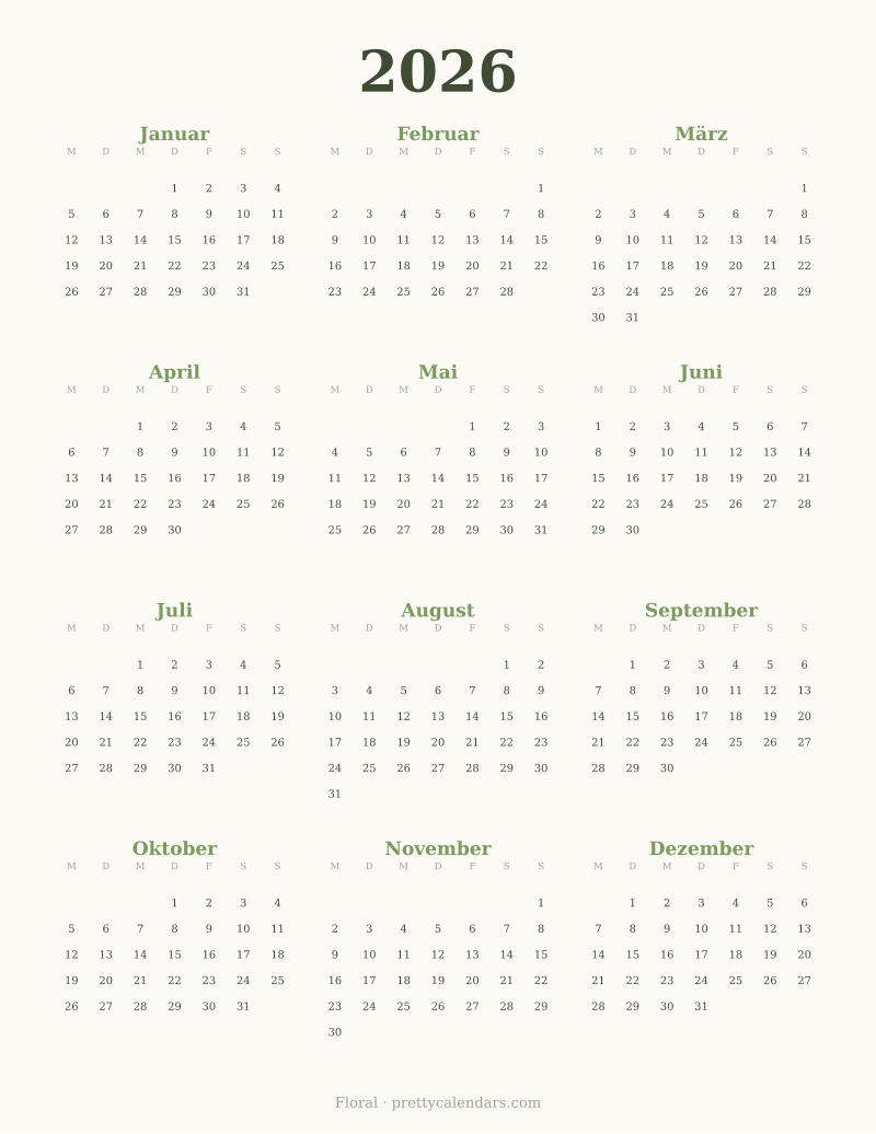 Druckbarer Jahreskalender 2026, Design Floral